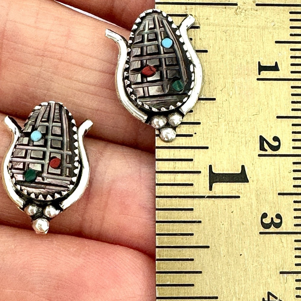 Zuni Ear Corn Stud Earrings SM Carved Abalone Sterling Signed Post Turquoise